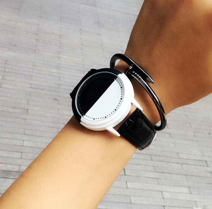 LED touch student couple smartwatch with black and white leather strap